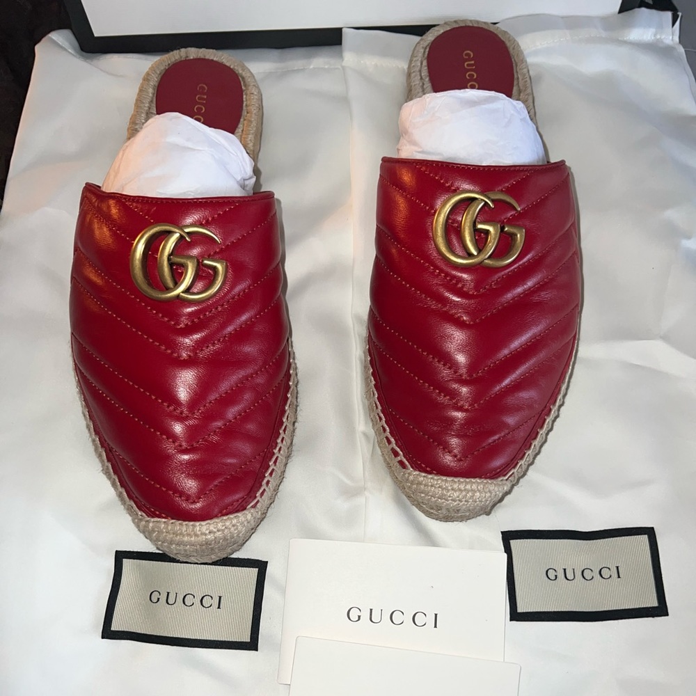 Gucci Gg Marmont Espadrille Mules Red Hibiscus